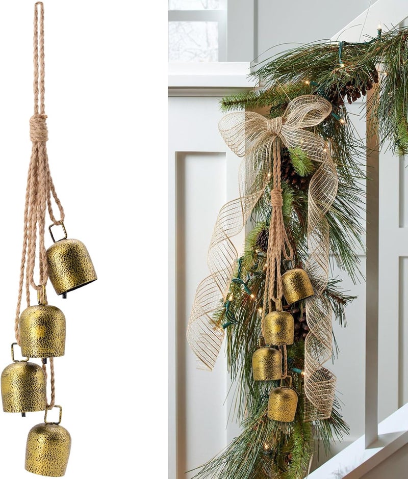 SUNYEAH Christmas Bells for Decoration, Gold Metal Vintage Cow Bells with Jute Hanging Rope, Decorative Cow Bell for Weddings, Parties, Christmas Wreath - Image 1